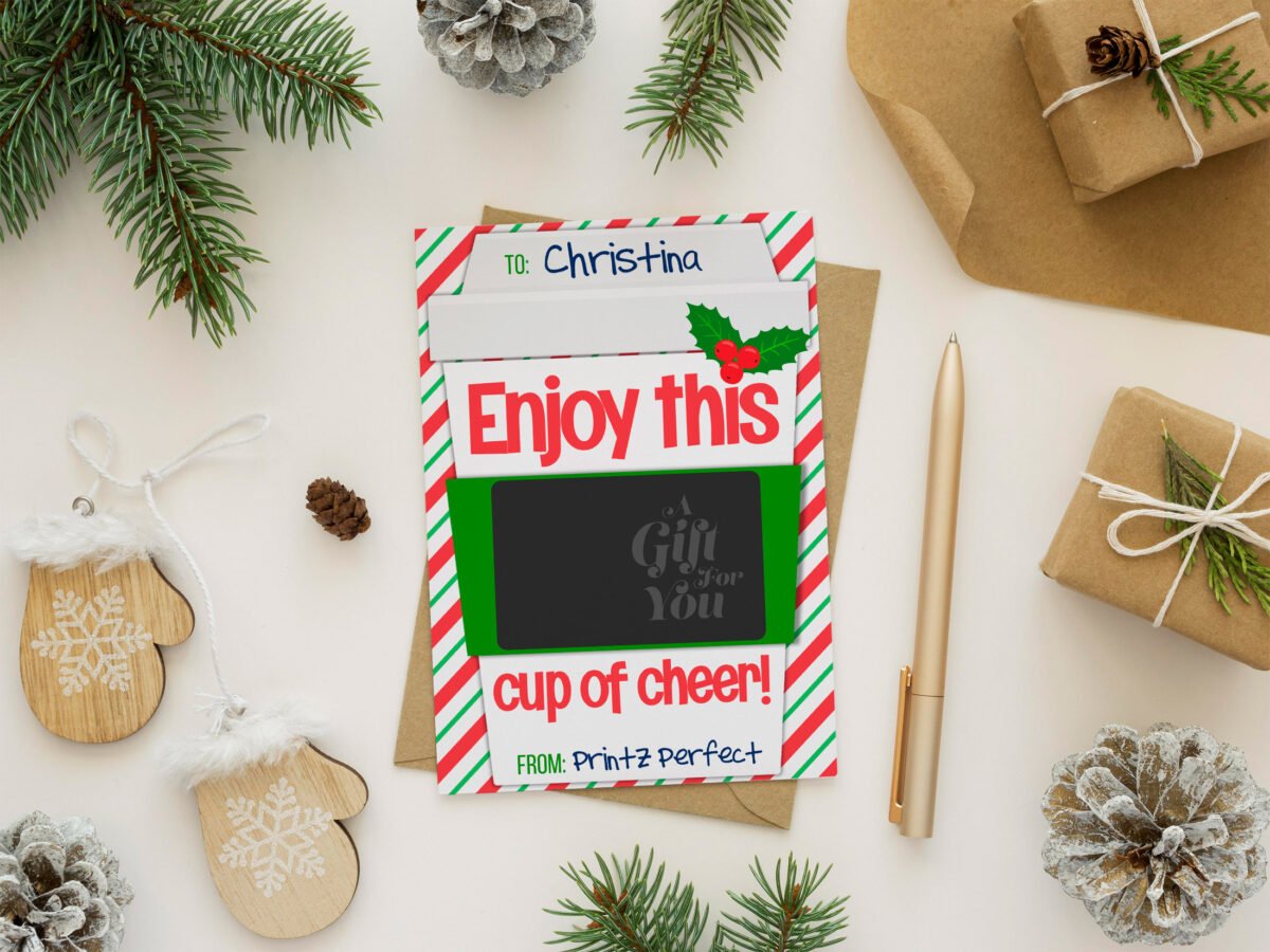 printable cup of cheer christmas coffee gift card holder box family friend kids school teacher co worker neighbor holiday 601206ad