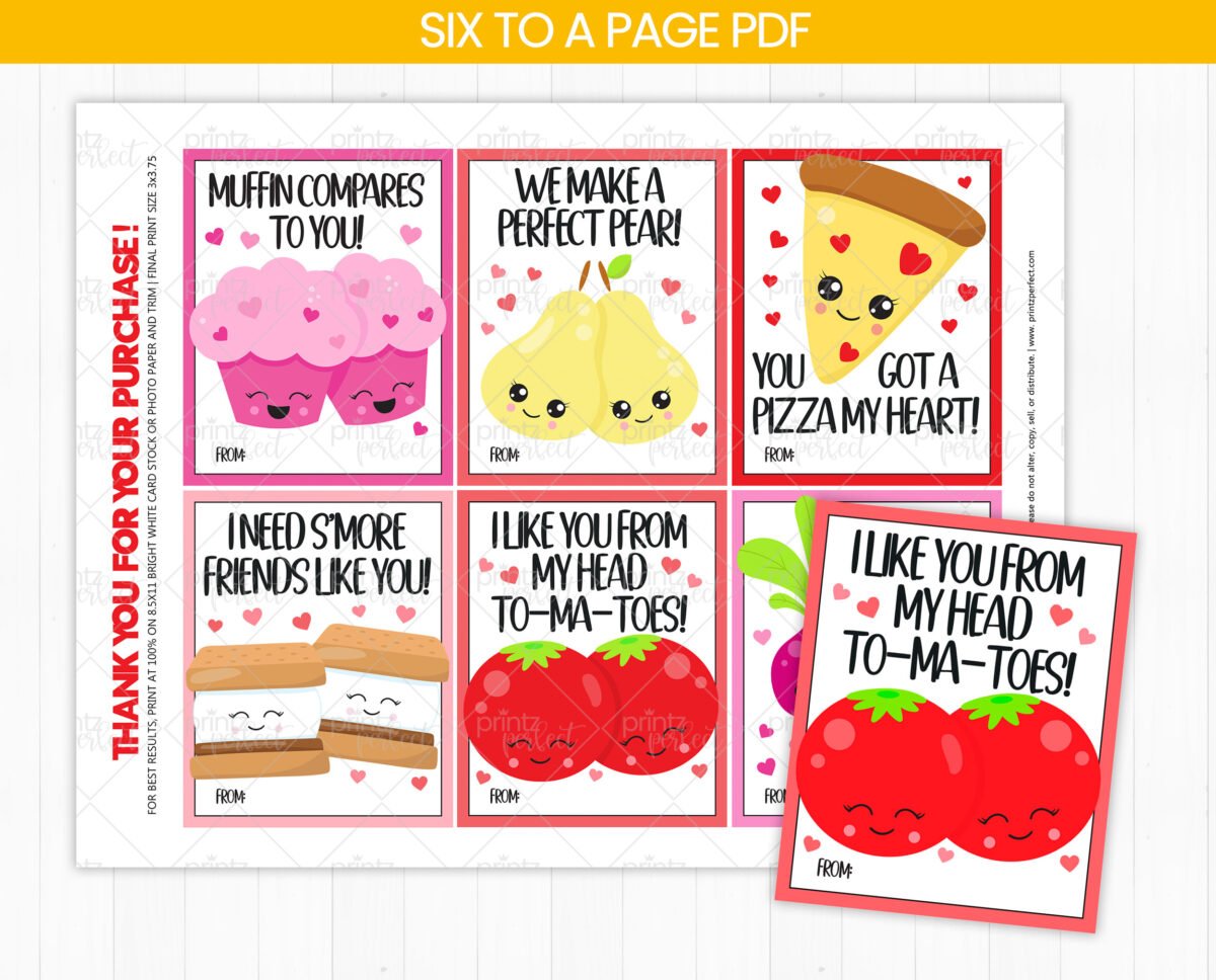 printable kids classroom valentines cards set of 6 cute food themed digital valentines friends teacher school instant download 6011f274