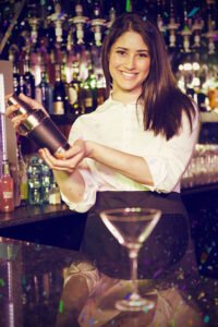 composite image portrait bartender mixing cocktail drink cocktail shaker