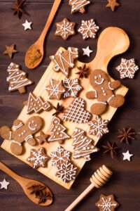 flat lay gingerbread cookies selection christmas